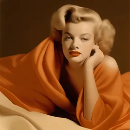 A photograph of marilyn monroe, childish face, eyes half closed, with bed hair, sitting, no make up, in the style of milton greene, pale orange silk scarf around her shoulders, beige bacground