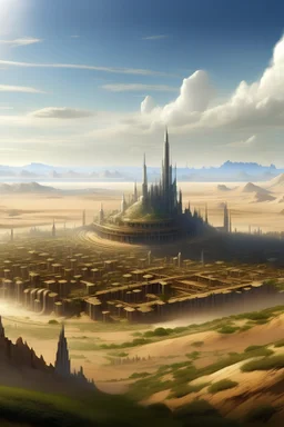 large fantasy city surrounded by a large empty plain