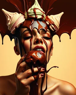 Neo Surrealism headpieces ice creams chocolate liquid flowing licking liquids chocolate holding ice cream put in deep mouth,liquids splashing in mouth feel delicious