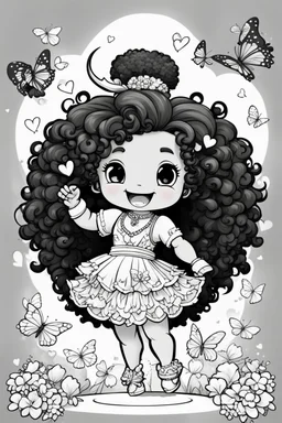 create a coloring page of a chibi ox with a curly afro ponytails dancing around hearts and butterflies. she smiles while shes playing , black and white