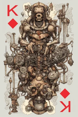 Colourful Bordered digital illustration of a shriveled homunculus hidden with a mechanical Mecha integrated with a throne. in the style of kaja foglio, Alchemy, Symbolism and Hermeticism. High quality, masterpiece. Dungeons And Dragons