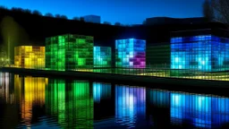 River power plant at night, illuminated glass blocks casting colorful light patterns on the walls, surrounded by a serene water landscape, showcasing the interplay between industry and nature.