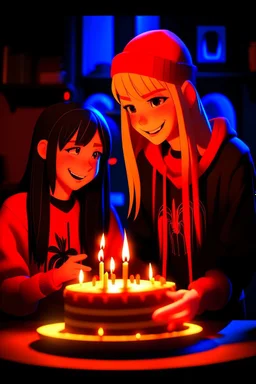 spiderman into the spider verse tarzı 17 yazan mum ile doğum günü kutlayan 2 kız birinin saçı kısa karakterlerin görüneceği kadar aydınlık soldaki kızın saçı daha kısa