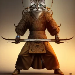 Character design, anthropomorphic cat dressed as a Shaolin, dark, evil, furious, epic, intricate details, finaly detailed armor, silver, golden