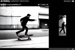 a black and white photo of a man on a skateboard in front of an improbability, a screenshot, featured on dribble, digital screenshot, dutch camera view, chasing a robber down a street, screenshots, video, still from a music video, odd, unsettling, absurd,