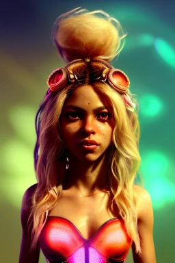 Shakira, artist, 30 years old, Realistic image, waist up portrait, etro style dress. Blonde, feathers, loose long hair, eyes make up, perfect, glow, circle iris. Neon colors, leds, geometric shapes. Dark background, photo studio, neon lights. Cyberpunk, concept art, smooth, unreal engine 5, god lights, ray tracing, RTX, lumen lighting, ultra detail, volumetric lighting, 3d, finely drawn, high definition, 4k.