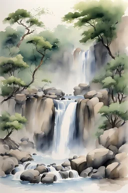 rocks, waterfall, trees, chinese watercolor paintings
