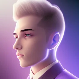 man, cute face, white highlight hair, brown eye, white, skin, purple suits, futuristic, science, purple, blue, dark pink background lighting, technology, profile, asian boy, square face, orange backlight