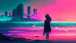 synth-wave beach & city, lone girl, iconic:1.8),