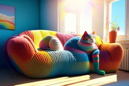 Giant knitted lifelike colorful cat sitting on a sofa in a modern room in sunshine