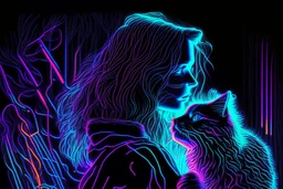 black light art, neon lines, contented brunette woman with fluffy kitten seeking something in the distance