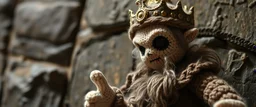 pin hole picture, miniatures on fake scene,master oil painting by Rembrandt, good afternoon bitch scary stone age vampire king, close up portrait of a stupid knitted doll trying to explain something weird,