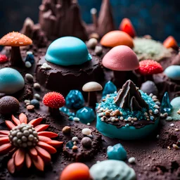 Close-up photograph of detailed creepy landscape made of cake-frosting, crystallizations, figure, animals, fungi, crystals, mineral concretions, sun, Amano, Roger Dean, strong texture, intricate, colours, Max Ernst, rich moody colors, bokeh, 33mm photography