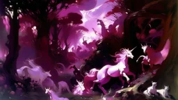 A dark magenta magical domain with winged unicorns painted by John Singer Sargent