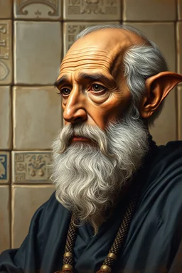master oil painting by Rembrandt, realistic rendering Portrait of the Apkallu sage who were sent by the god Ea to teach civilization to humanity before the flood. They were depicted as half-human and half-fish or bird, and were associated with wisdom, magic, and culture. blurred tile pattern background, brightened edges to give a sense of depth