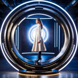 picture of a very huge real working physic based gyroscope with mirror surfaces in a inter star environment ,a very pretty lady with modern future clothing boots standing in main turning disk of gyroscope.1x1