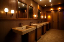 Pictures of a group of bathrooms in Mathaf Restaurant. The walls and floors are in brown tones, and the sinks are on one wall.