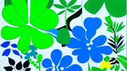 An exquisite minimalist illustration by Matisse, featuring a serene garden adorned with simple, geometric shapes of flowers. Electric green leaves and petals contrast against a light background, while bold blue outlines define the shapes. The cutout style adds depth and dimension, creating a harmonious balance of color and form.