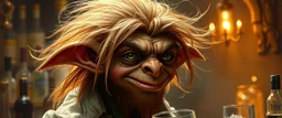 hårete sleek gremlin elf bartender med vind i håret på fest malt av Rembrandt