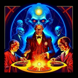cosmic horror, less than zero, seance conjuring Pazuzu, by Ray Johnson and Michael Whelan, acid wash mind-bending illustration; asymmetric, deconstructed, dark shines surrealism, sinister