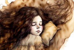 Small girl with long curly brown hair sleeping in god's hand watercolor and ink, golden patina, glitters in ochre, backlit, mist and fog