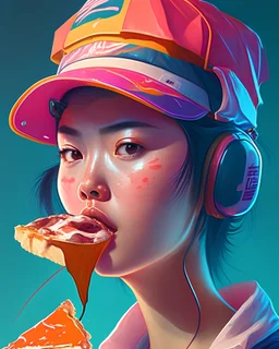 portrait d'une jeune femme de type asiatique. Elle porte un casque audio sur ses oreilles et une casquette avec une visière translucide colorée. Elle mange une part de tarte. Elle semble rebelle et fronce les sourcils. L'image est dynamique. Illustration type digital 2D très détaillée. HD, 8K.