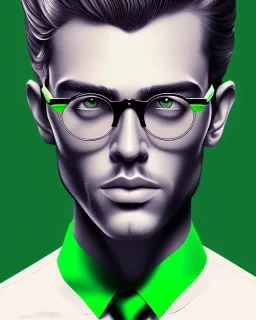 Fit man in round glasses, wavy hair, stubble, slim, tie, monotone, green eyes, comic book style, two tone colours, detailed, ink, realistic, handsome, square jaw, big brows, no jacket, bird on the shoulder, spotlight