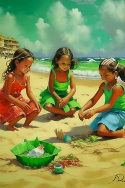 cuban little girls on the beach playing in the sand in de verte painting painting