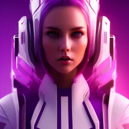 Cute girl, Sci-fi character, white suit, purple backlight, pink and purple, scifi suit, profile, purple background, pink lighting, futuristic