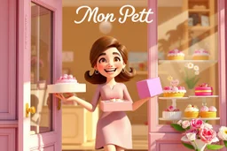 sign "Mon Petit" 3D video game character elegant young woman enthusiastically and cheerfully comes out of a dessert store, cake box in her hand, in the window cakes, cookies, macarons and flowers in sunshine