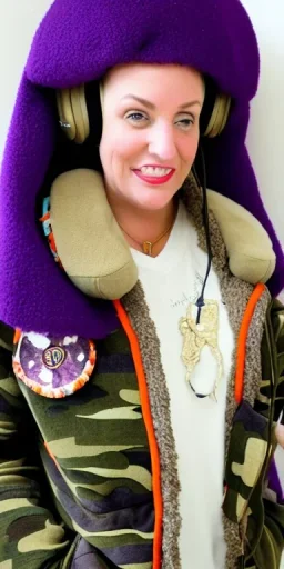 Brunette.thick thighs,thick calves,flat belly,curvy fell. big head. Mantle is sewed of upcycled Denim and sewed together of camouflage pieces. Pieces' color are orange, cream and purple. It is with big bright purple felt tippet and cream-colored-hood. mantle is merged with satchel. . Big AKG-style headphones (gold rings!) is merged with small felt cap with small visor. Style: Haute Couture in 1910's, N.Y.C fashion in 1996, inspired by street art 2023 Paris