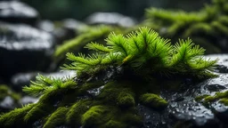 Close up of a spruce tree branch on a wet rock,,moss,high details,dark place