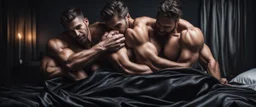 Hyper realistic shirtless muscular guys hug on bed with black silk blanket in dark bedroom