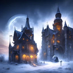 nightsky, blue, black, fields, abandoned buildings, ruins, cottage, gothic castle, metal, gold,