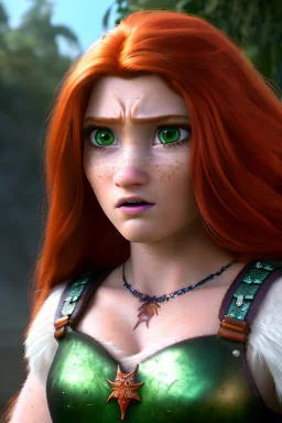 hyper realist, hyper detailed, stunningly beautiful teen woman, long ginger hair, green eyes, medium freckles, full lips, skimpy fantasy intricate leather armour, full body and head, c-cup breasts, shocked expression, centred camera, full frame, petite, centered camera