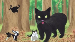 A black cat staring a white rabbit in the forest.