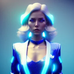 galactic girl, glitter blue and white suit with jewels, blond hair, blue eyes, cinematic lights, unreal engine 5, 4k, high details