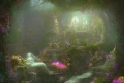 Lilith, Goddess, tropical flowers, heart chamber, crystals, tropical leaves, sacred altar, old temple. Fantasy house.