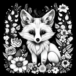 colorless cute fox between seeds and big flowers black background .black and white colors. easy for coloring . with grayscale