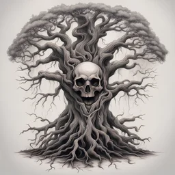 front view, skull,haunted Tree, long roots, tattoo design