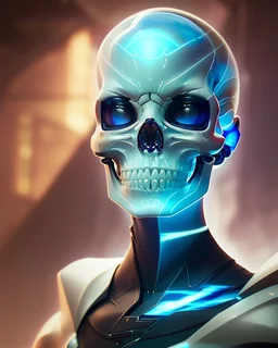 A glass headed skull with sapphire eys wearing a futuristic uniform, 8k resolution concept art portrait by Greg Rutkowski, Artgerm, WLOP, Alphonse Mucha dynamic lighting hyperdetailed intricately detailed Splash art trending on Artstation triadic colors Unreal Engine 5 volumetric lighting, by Hajime Isayama