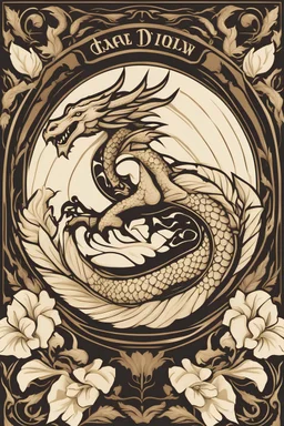 Create an elegant logo design with the side profile of a Welsh-style dragon facing left, with a white gardenia in its claw. Make the dragon a golden colour and have a circular frame.