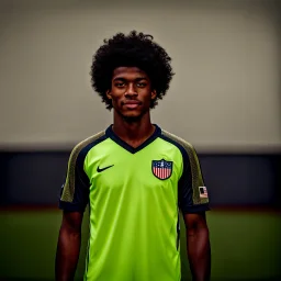 85mm DSLR color photography of a very detailed headshot fitting all of head and hair in frame. 20-year-old USA soccer player, with black hair color and with small facial hair and has a brown skin tone and has a small afro with a small smile, grey background