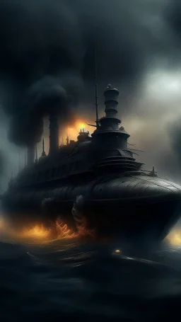 ,surrealism of the dark of a nightmare , hyper photorealistic, hyper detailed dark art color, high resolution, fog, octane render, tilt shift, HDRI Environment, all pictures dark gray, a submarine on fire