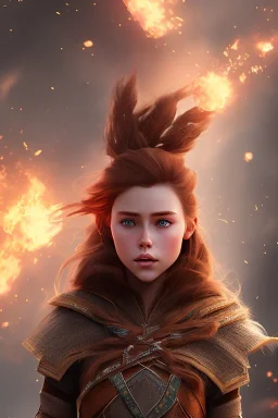 aloy forbidden west face, aloy clothes, cristal brown eyes, portrait busty and face, light effects, particles, explosion fire,