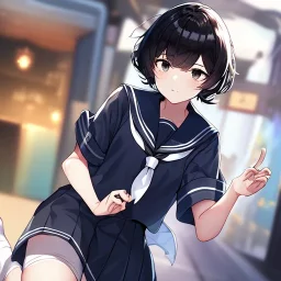 Clear focus, High resolution, short black hair, black eyes, wearing a sailor uniform, rough line, frowning, chopped bangs, fluffy hair, long white socks