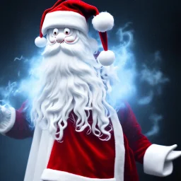 All Black Santa, ghost, wearing high tech mask, white smoke, dark, rage, high definition, ultra 8 k, volumetric lighting, blue fire, fog red rain