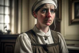 ww1 very sad maid talking close-up standing up looking to the camera, ww1 mansion room background