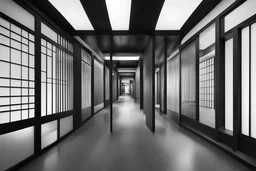 Circulation wide corridor with one side wood partition without touching ceiling and one side glass facade, Japanese style, black and white