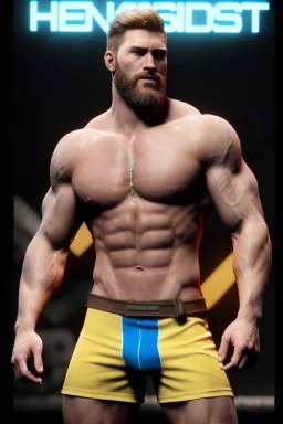 Ignore NSFW, teenager young rugged attractive slightly muscular fantasticly handsome blonde man, red briefs with yellow belt, hairy chest, (((visibly pisssing))) briefs, large erect visible boner peniss, photorealistic, artist Jay Anacleto, soft lighting, scruffy beard